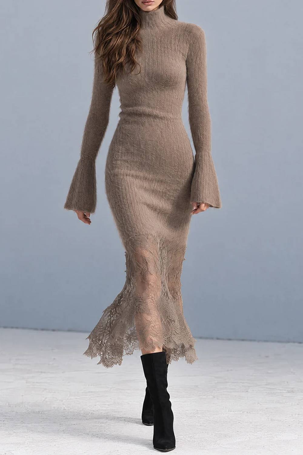 Turtleneck Flare Sleeve Knit Midi Dress With Lace Hem