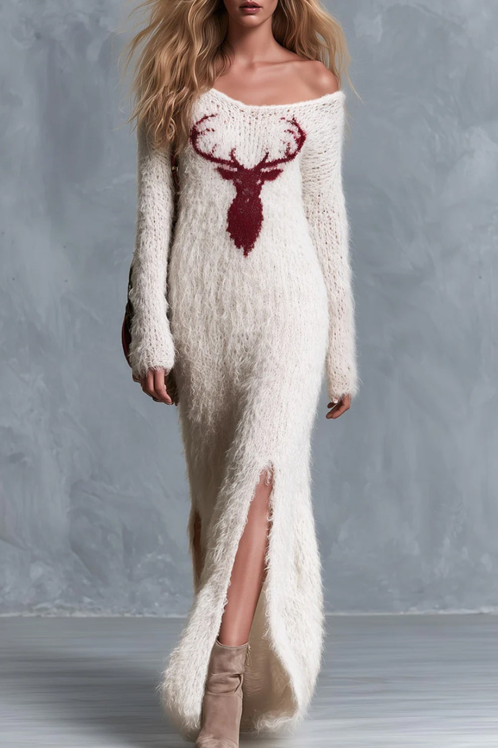 Women Reindeer Knit Maxi Dress