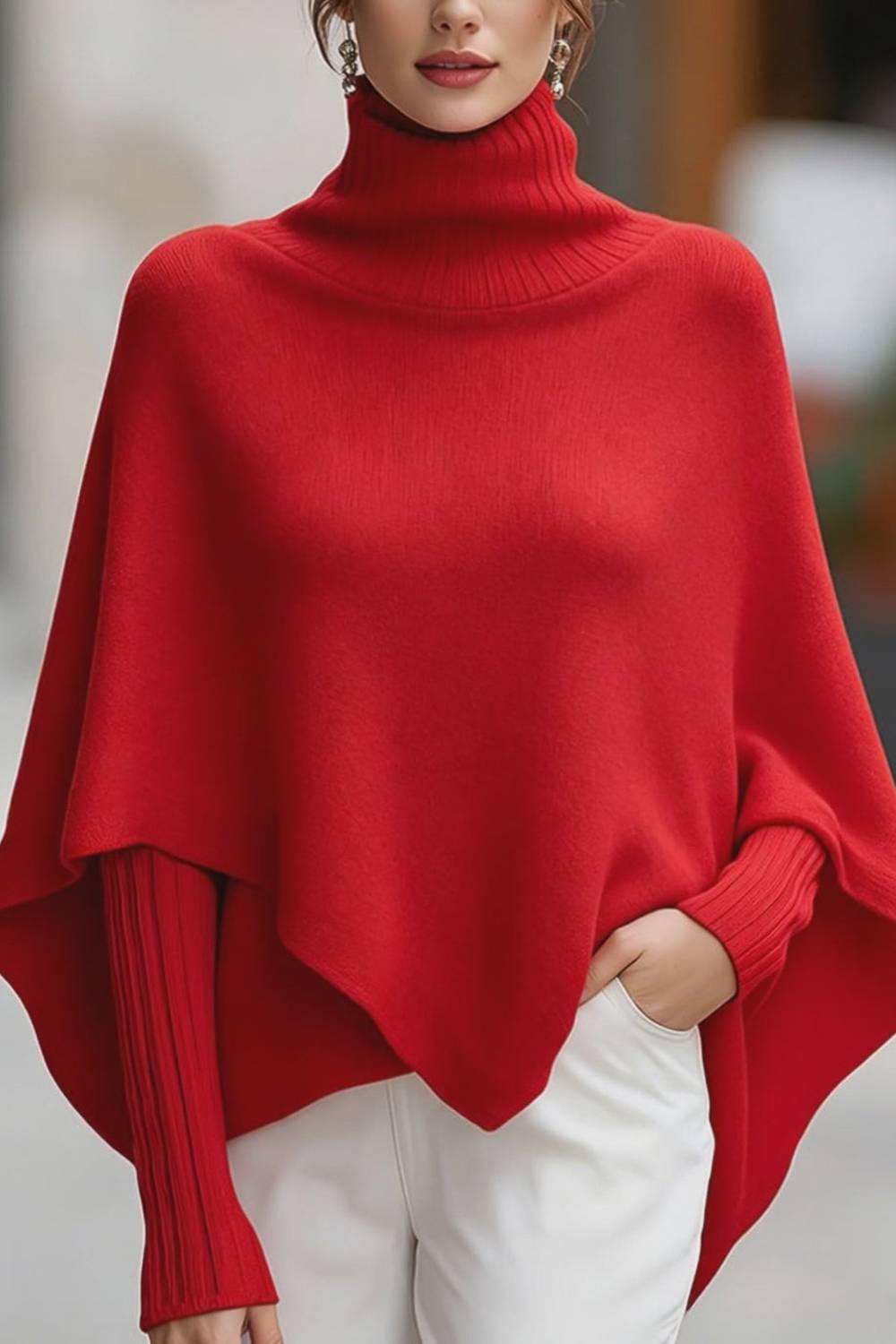 Turtleneck Knitted Cape Worn Over A Long Sleeved Sweater