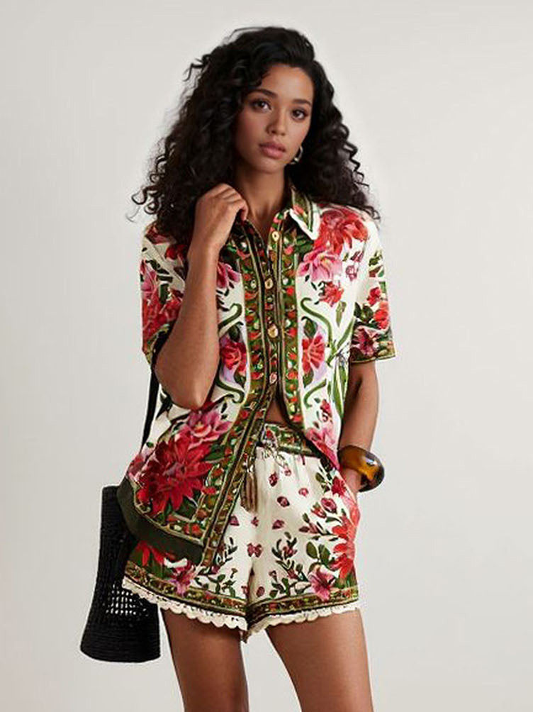 Retro Floral Print Shirt & Shorts Two-Piece Set