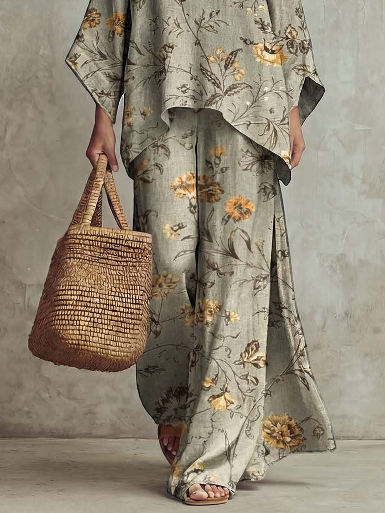 Completo retrò a due pezzi con top ampio a fiori e pantaloni a gamba larga