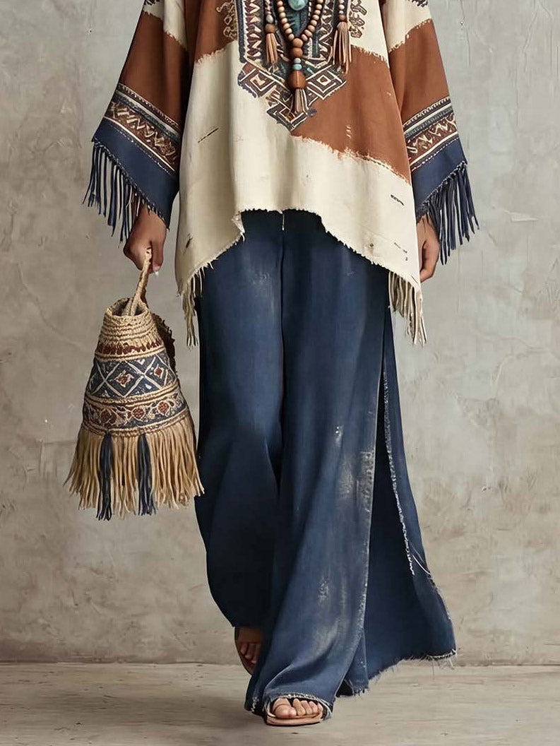 Retro Bohemian Ethnic Print Tassel Shawl Top Two-Piece Set
