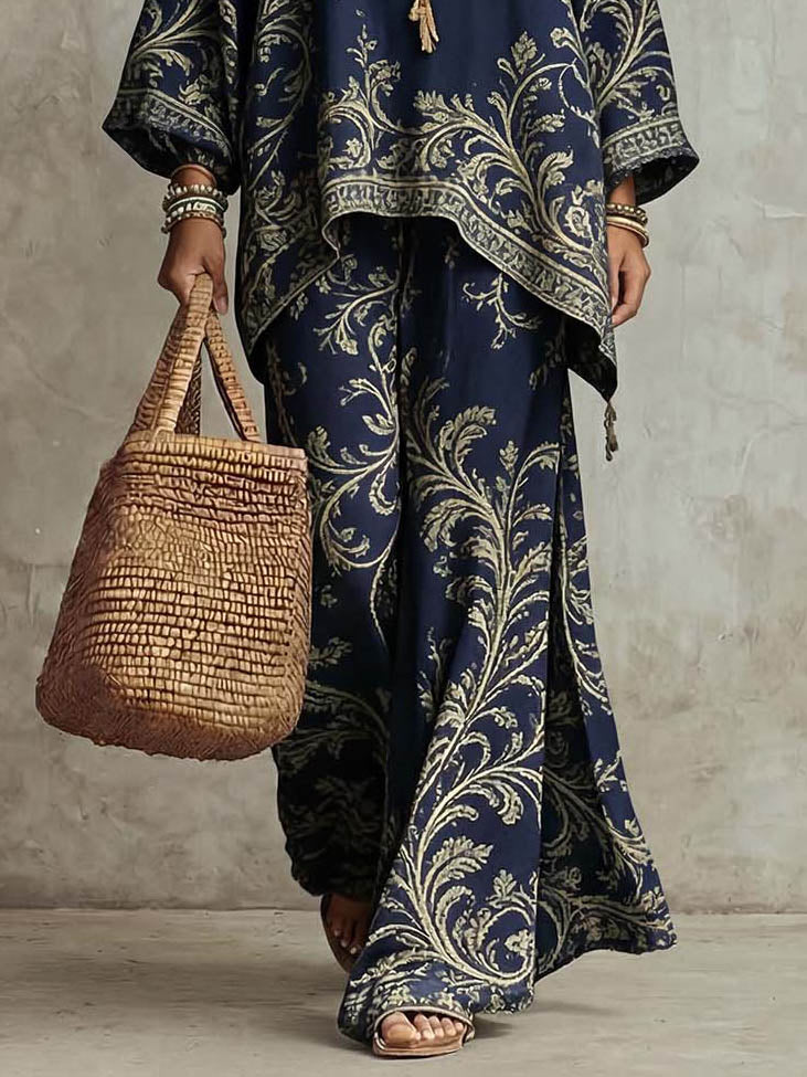 Conjunto casual boémio de duas peças com camisa de mangas morcego e estampado de folhas