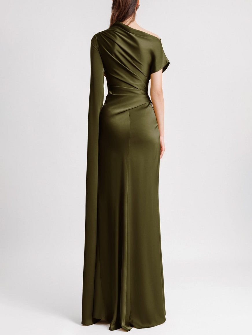 Elegant Irregular-sleeve Pleated Satin Maxi Dress