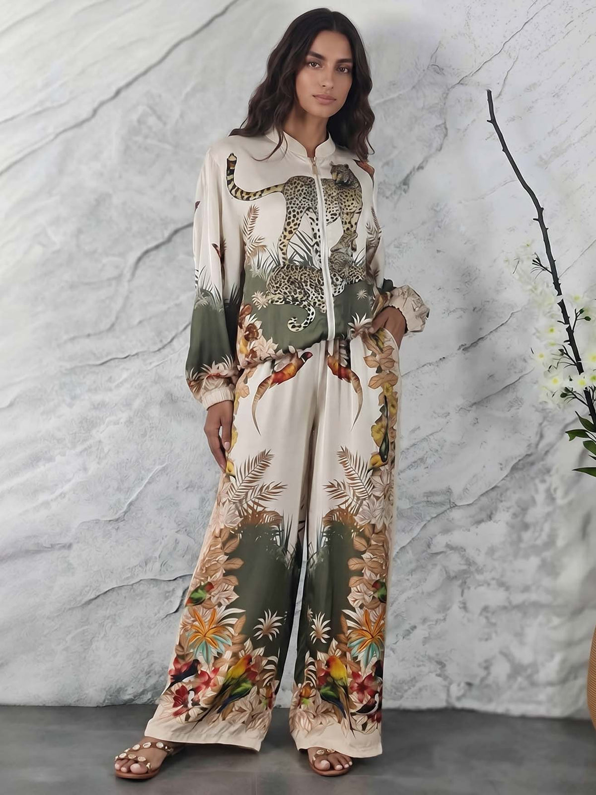 Ensemble à imprimé jungle exotique avec chemise zippée et pantalon large