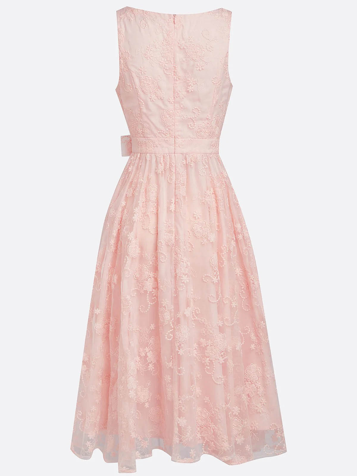 Abito midi elegante con scollo a V, ricami in pizzo e laccetto sul davanti
