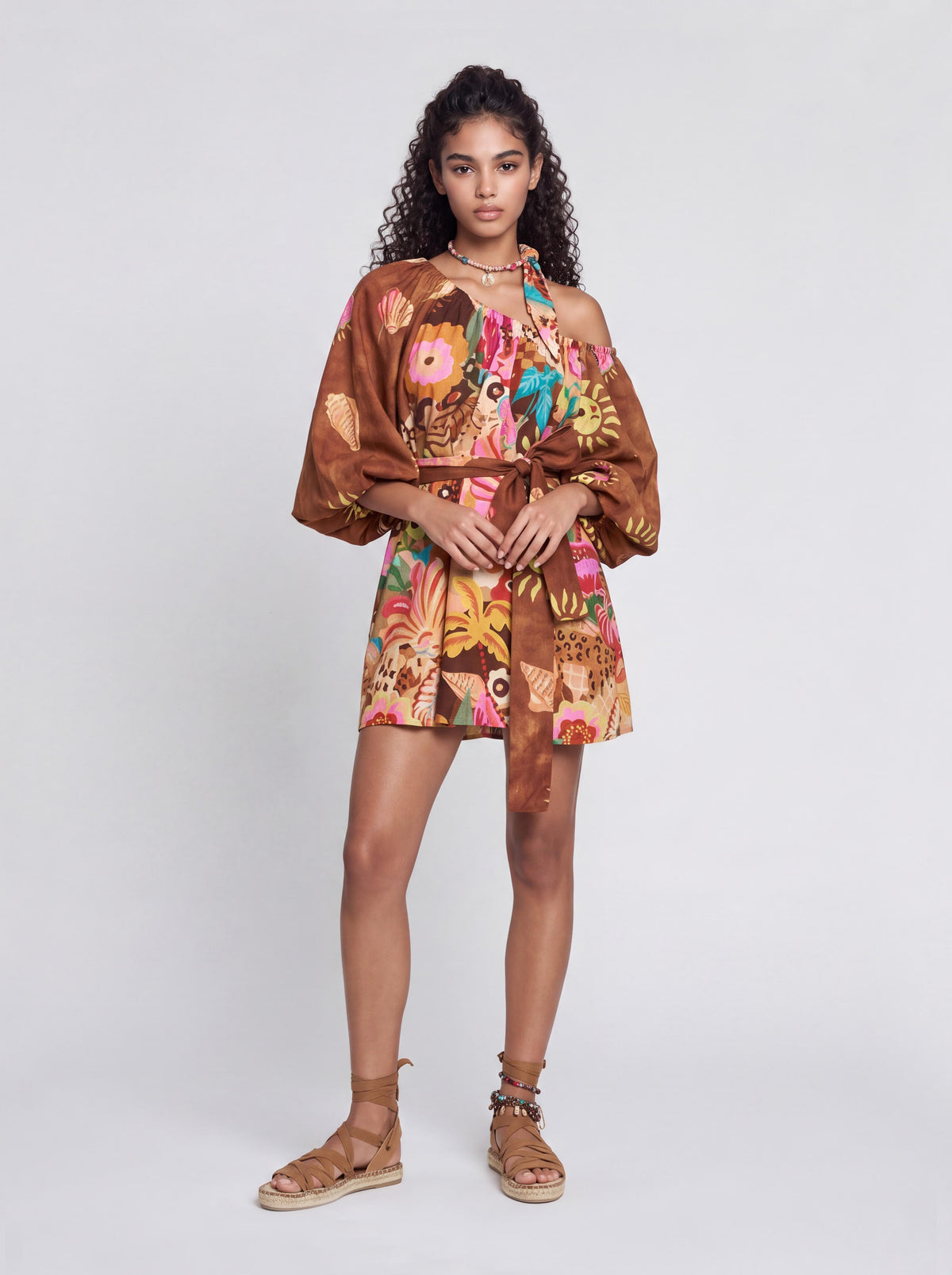 Vintage Fun Sun Floral Print Square Collar Puff Sleeve Tight Short Dress