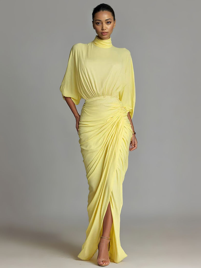 Elegant High-neck Half-sleeve Pleated Maxi Dress