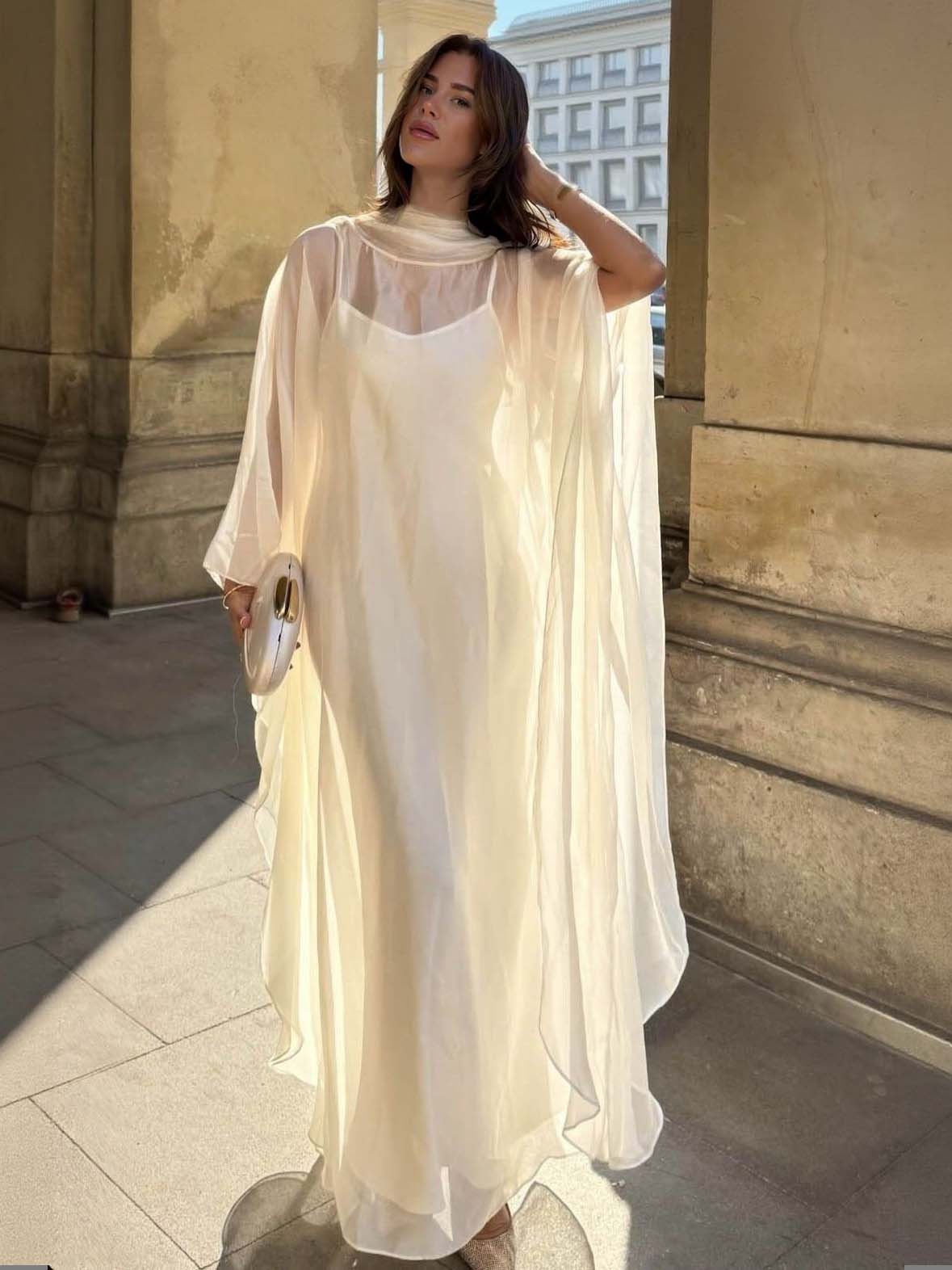 Elegant Sheer Cape Layered Maxi Dress