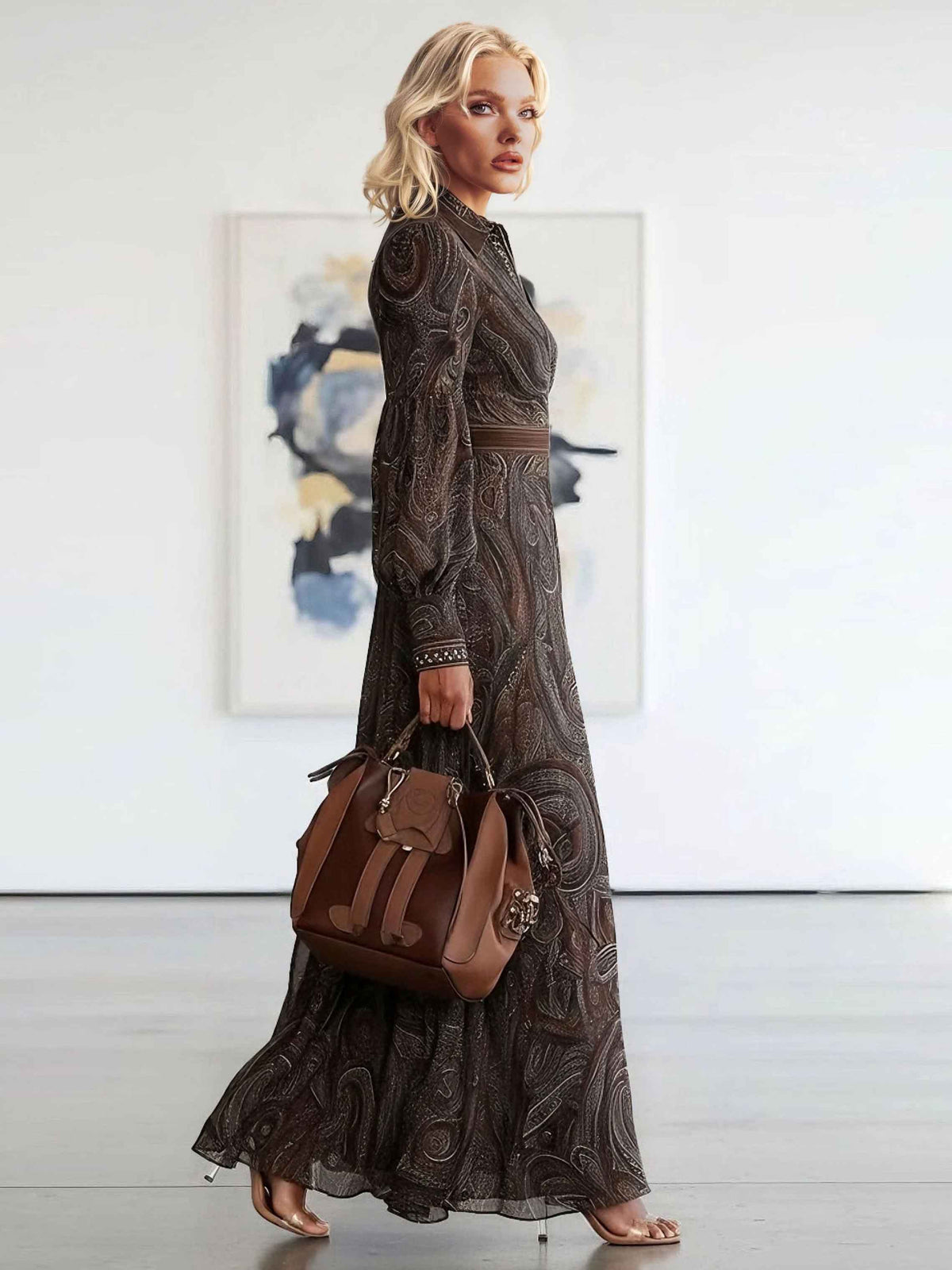 Vestido maxi retro com estampado paisley e fecho de correr