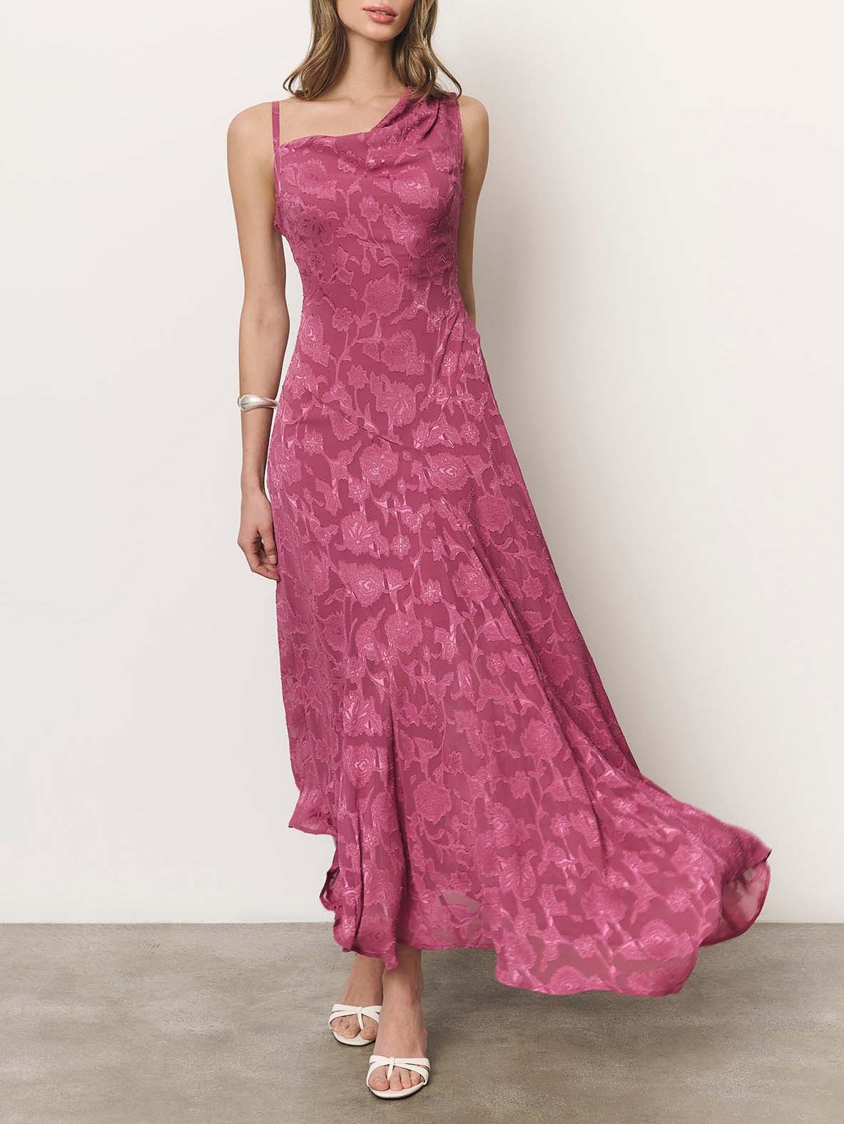 Abito lungo elegante monospalla asimmetrico in jacquard floreale