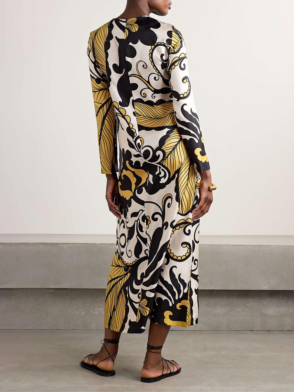 Unique Satin Swing Print Twill Midi Dress