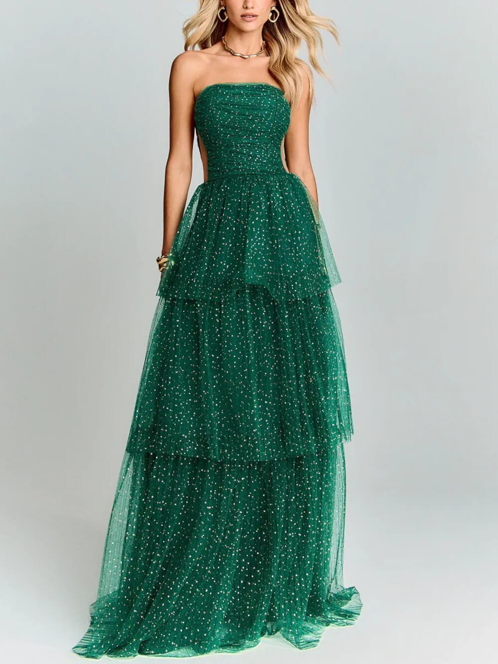 Elegante maxiabito da festa in tulle a strati verde a pois