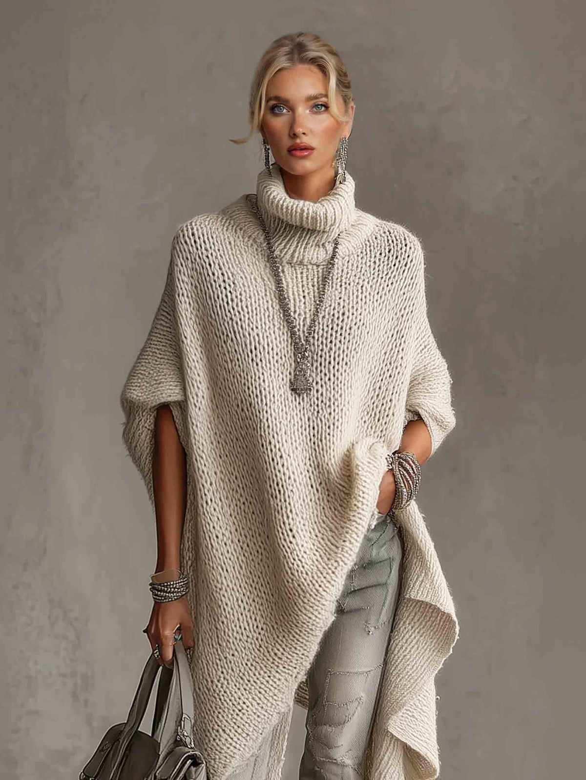 Abito midi in maglia con collo alto e orlo asimmetrico