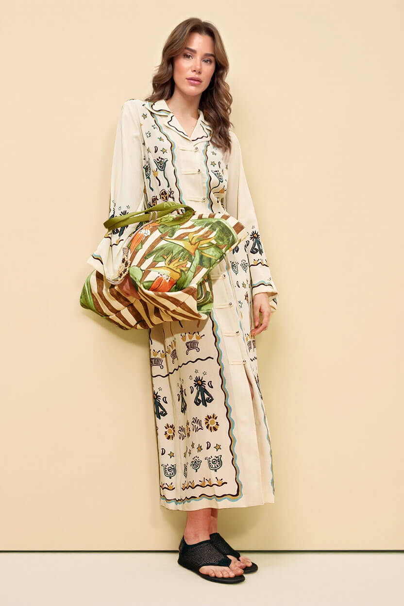 Modern Print Button-Front Tie-Waist Loose Maxi Shirtdress