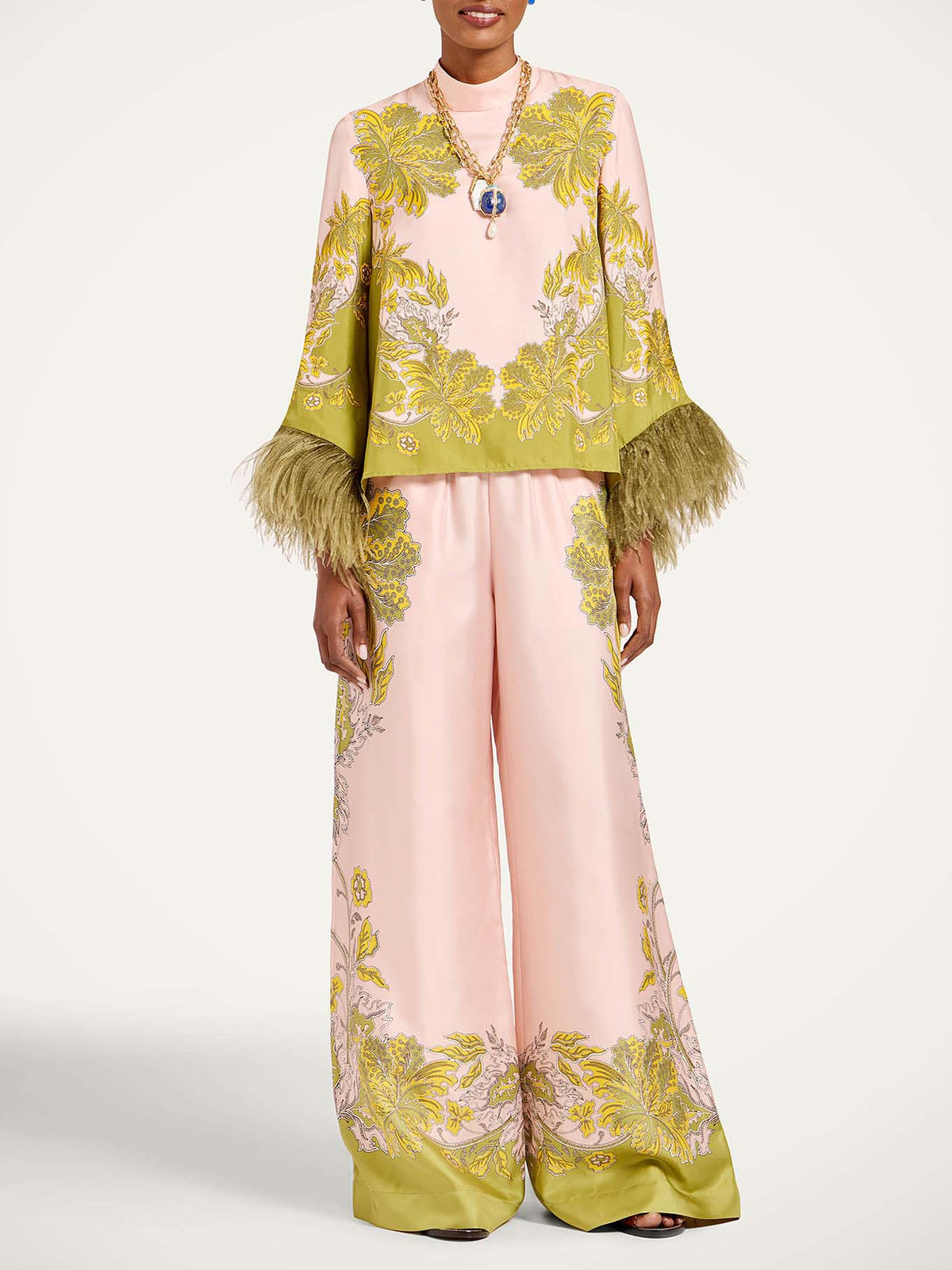 Exquisites Crop-Top mit Federsaum und Blumenmuster