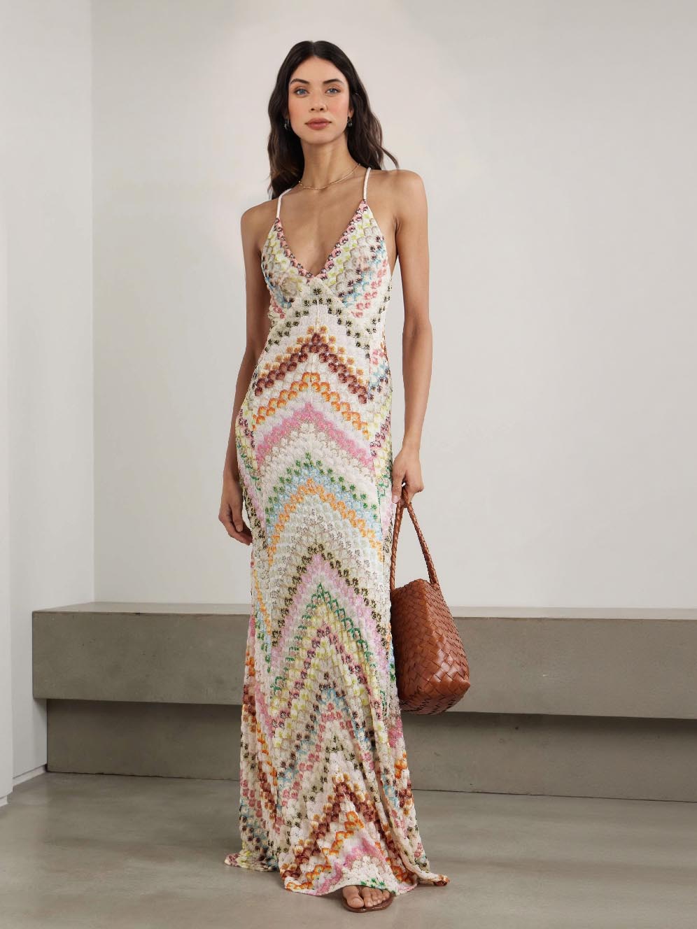 Vestido maxi único de punto con estampado de espiga colorido y espalda descubierta