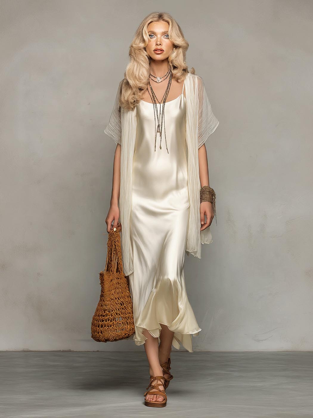 Elegante completo due pezzi con abito sottoveste in raso e coprispalle in tulle trasparente