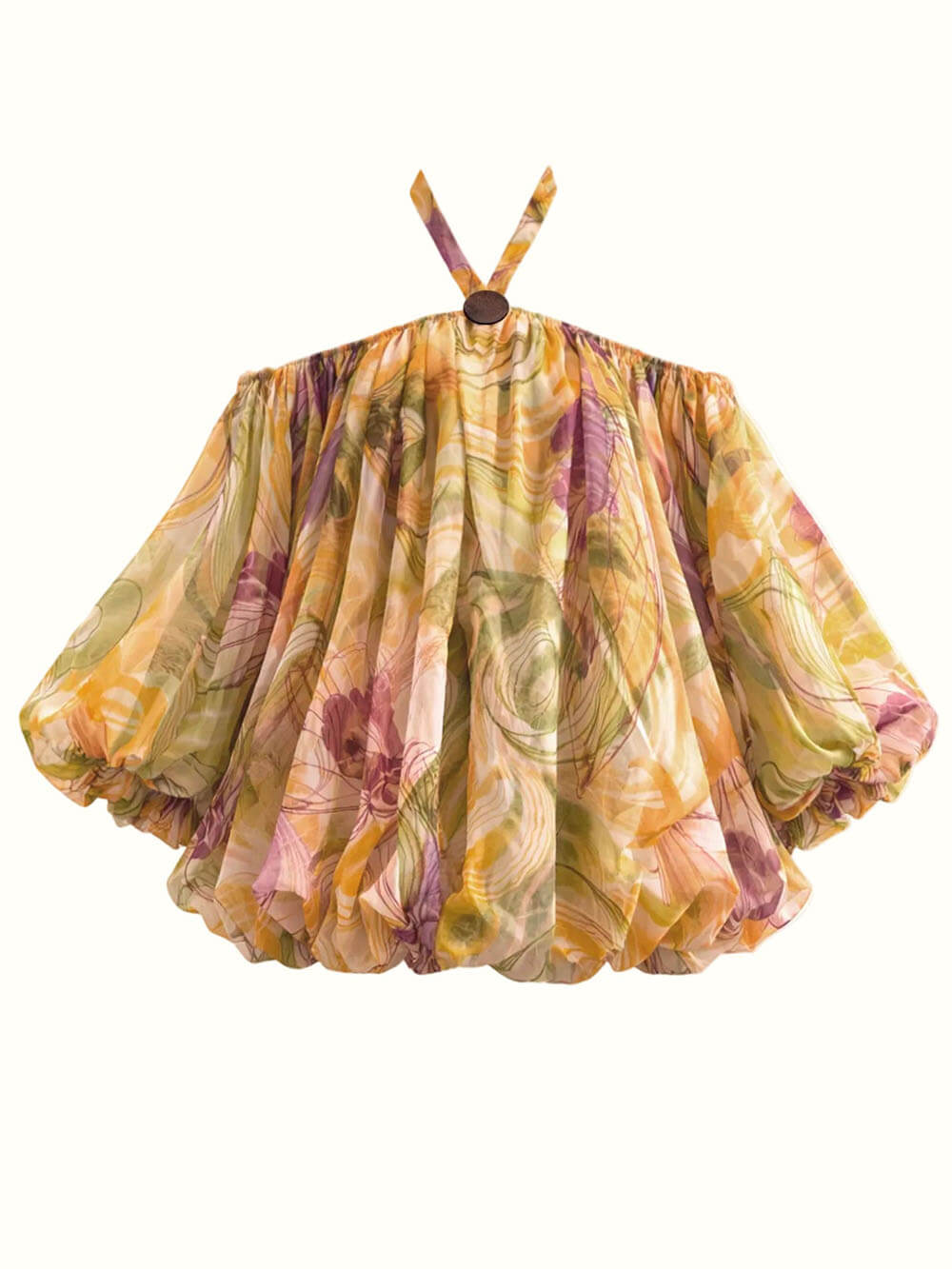 Exquisites Mini-Ballonkleid mit Print, Neckholder, Carmen-Ausschnitt und Rüschen