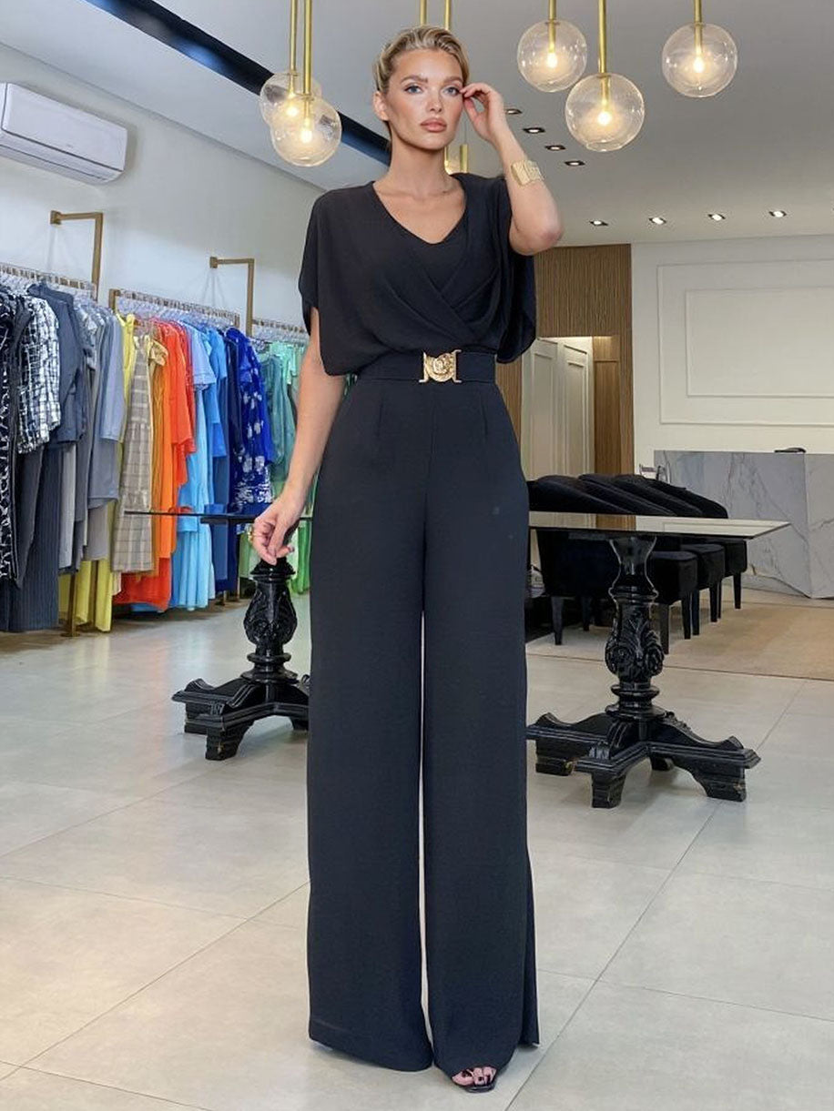 Elegant Draped Cross V-Neck Jumpsuit