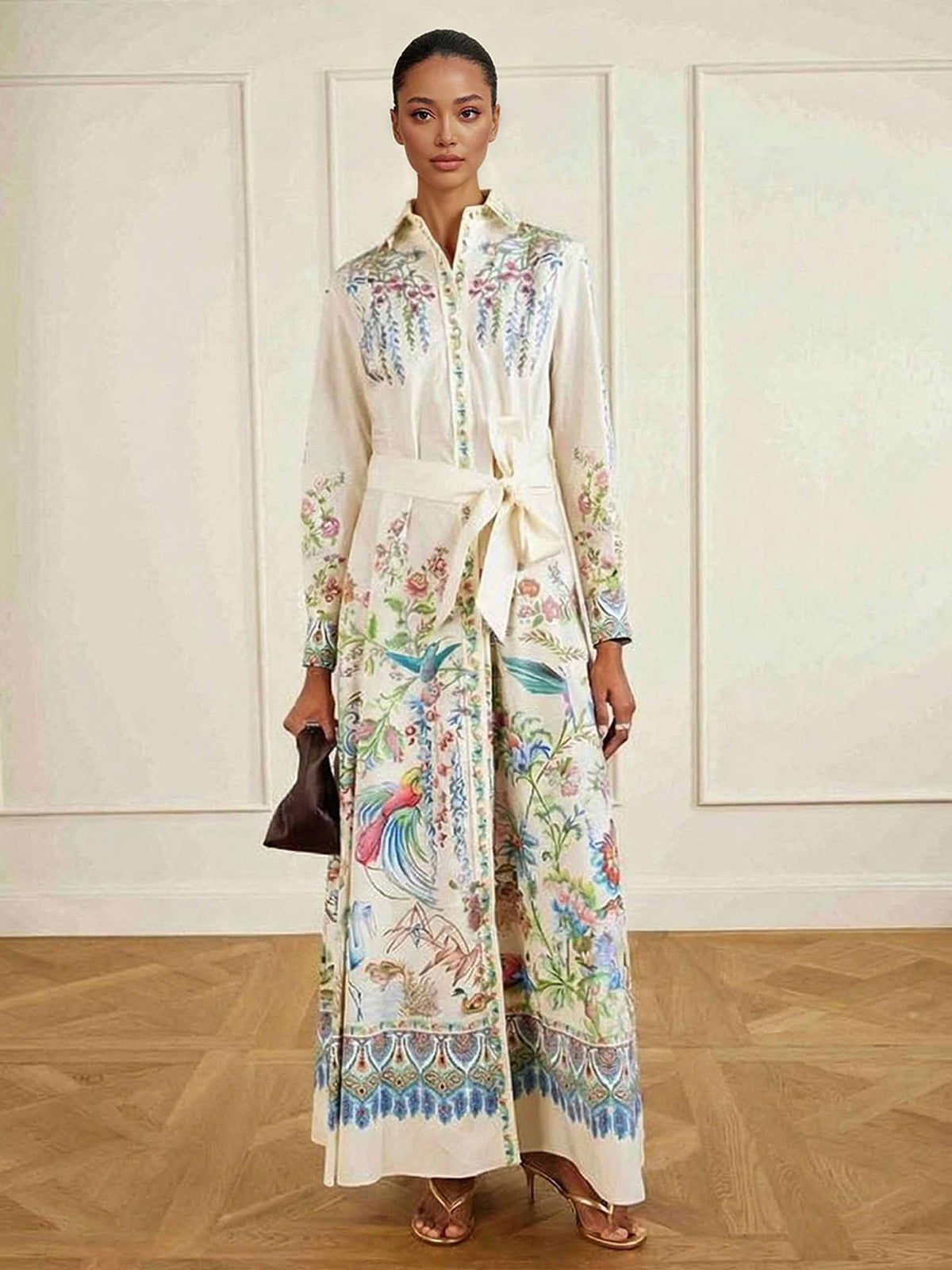 Exquisites bedrucktes Hemd-Maxikleid mit langen Ärmeln