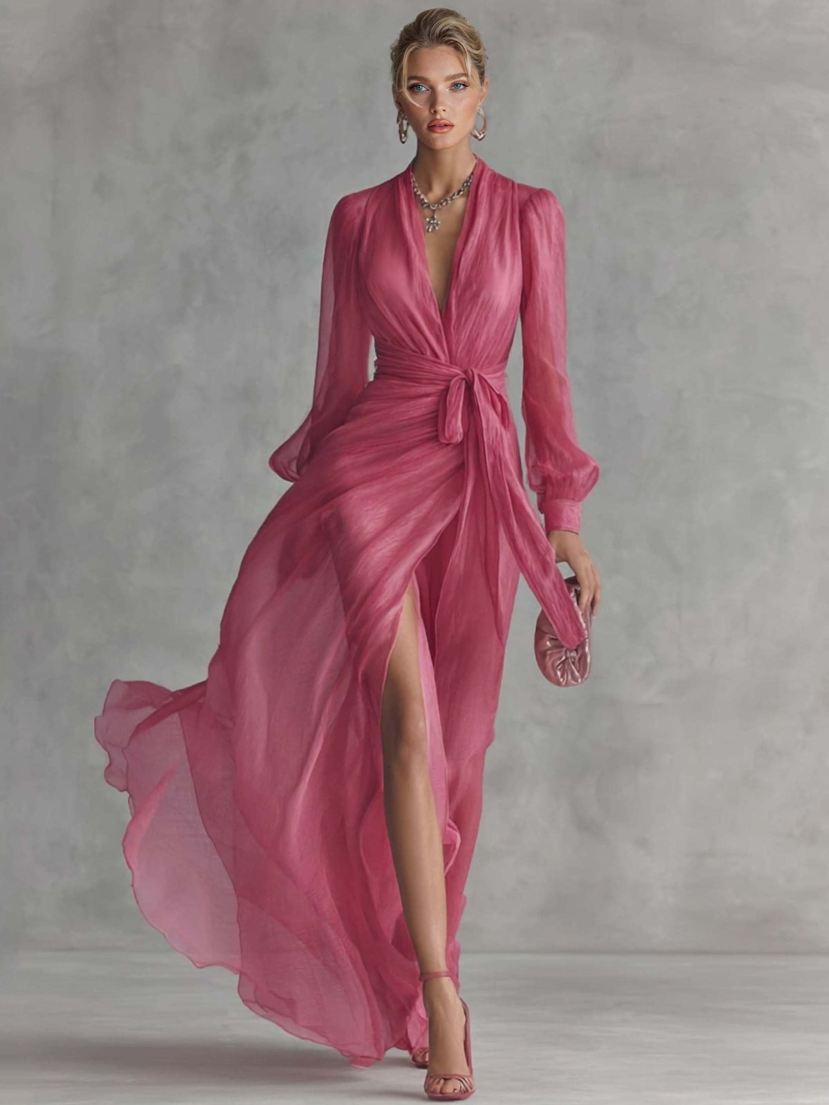 Elegante abito lungo in chiffon con perle, scollo a V e vita annodata