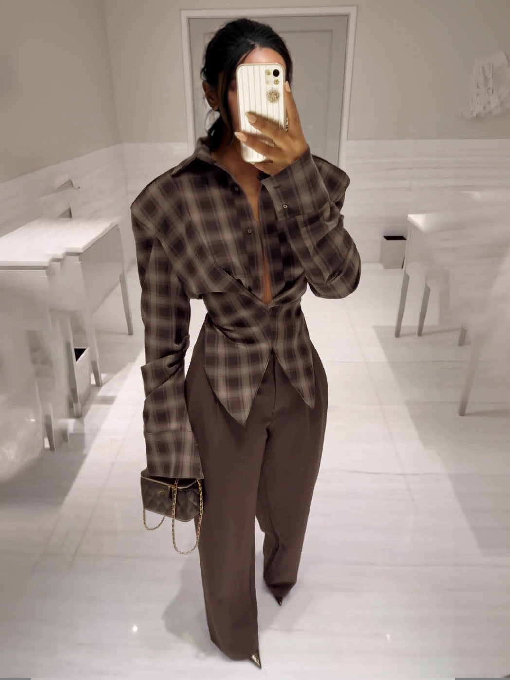 Chemise vintage raffinée à manches longues et à carreaux
