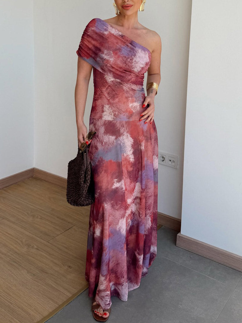 Elegantes One-Shoulder-Maxikleid aus Mesh mit abstraktem Aquarellprint