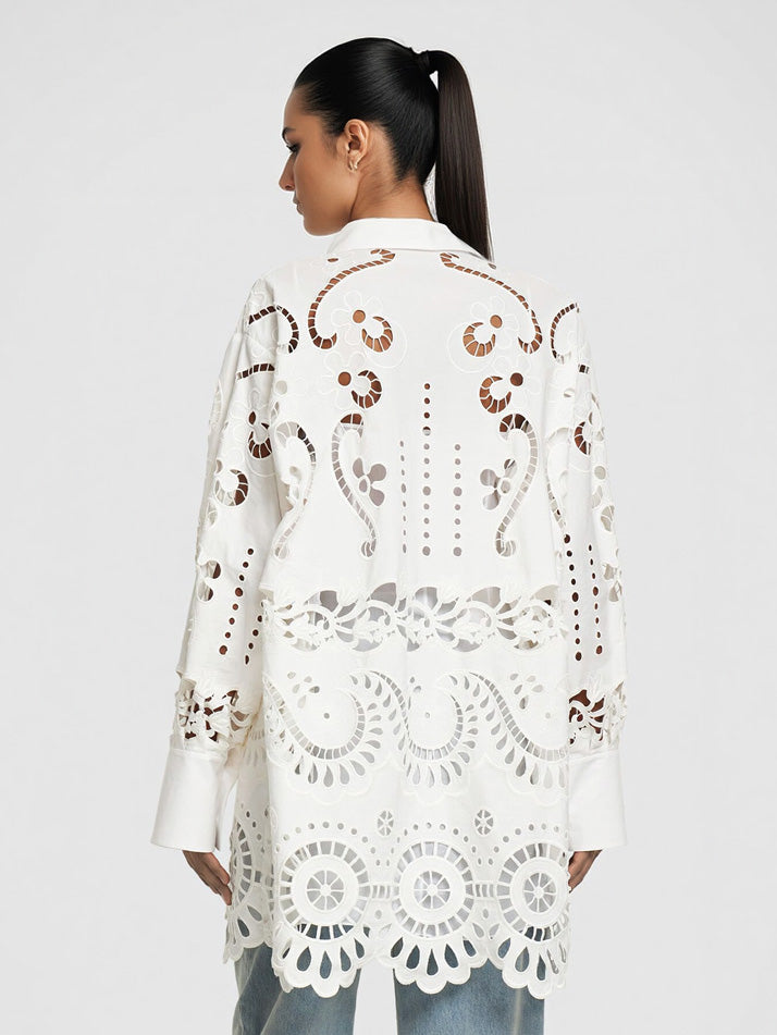 Exquisite Relaxed-Fit Cutout Lace Shirt Dress