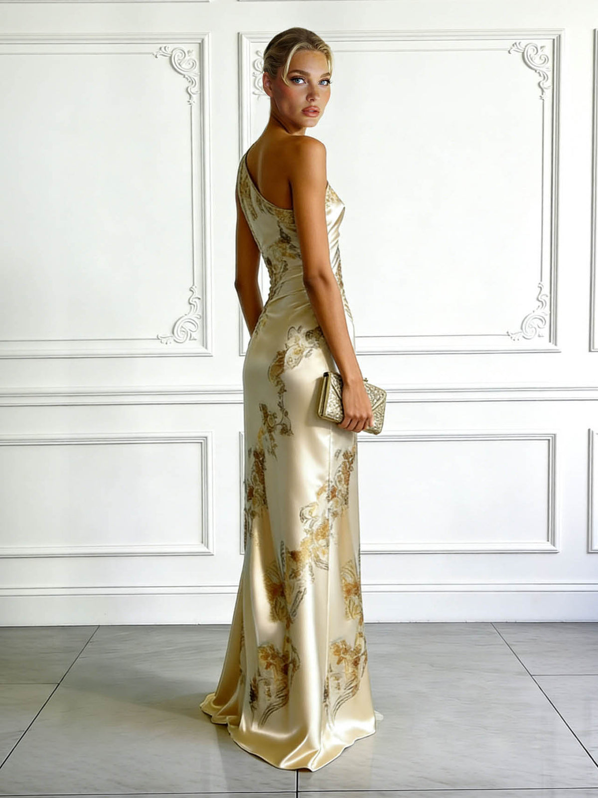 Elegantes One-Shoulder-Maxikleid aus Satin mit Blumenmuster