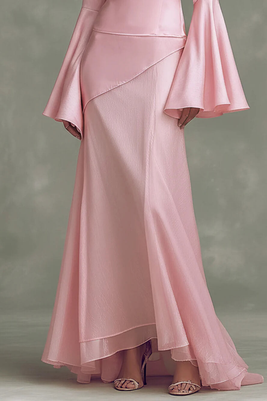 Elegantes minimalistisches A-Linien-Maxikleid mit Trompetenärmeln und Satineinsätzen