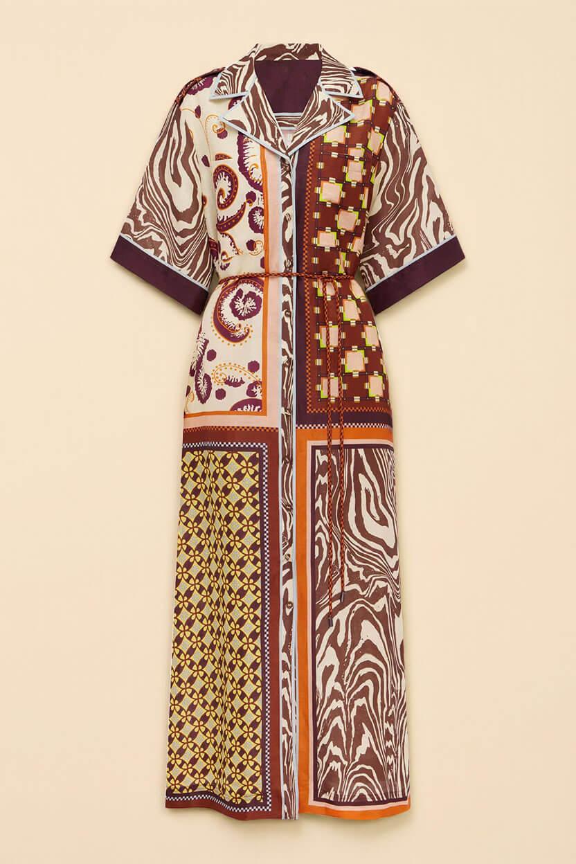 Vestido camisero maxi holgado, con bloques de color, estampado único y bolsillos laterales