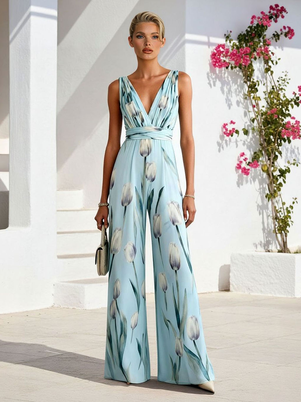 Eleganter Jumpsuit mit floralem Print, V-Ausschnitt und weitem Bein