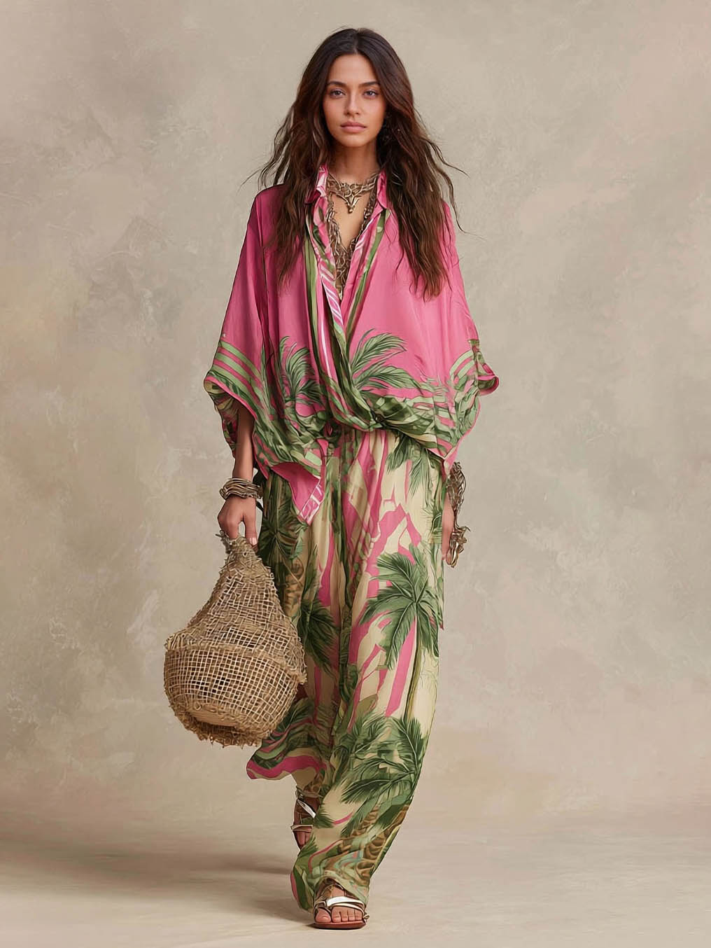 Pantalones bohemios de pierna ancha y cintura alta con estampado tropical