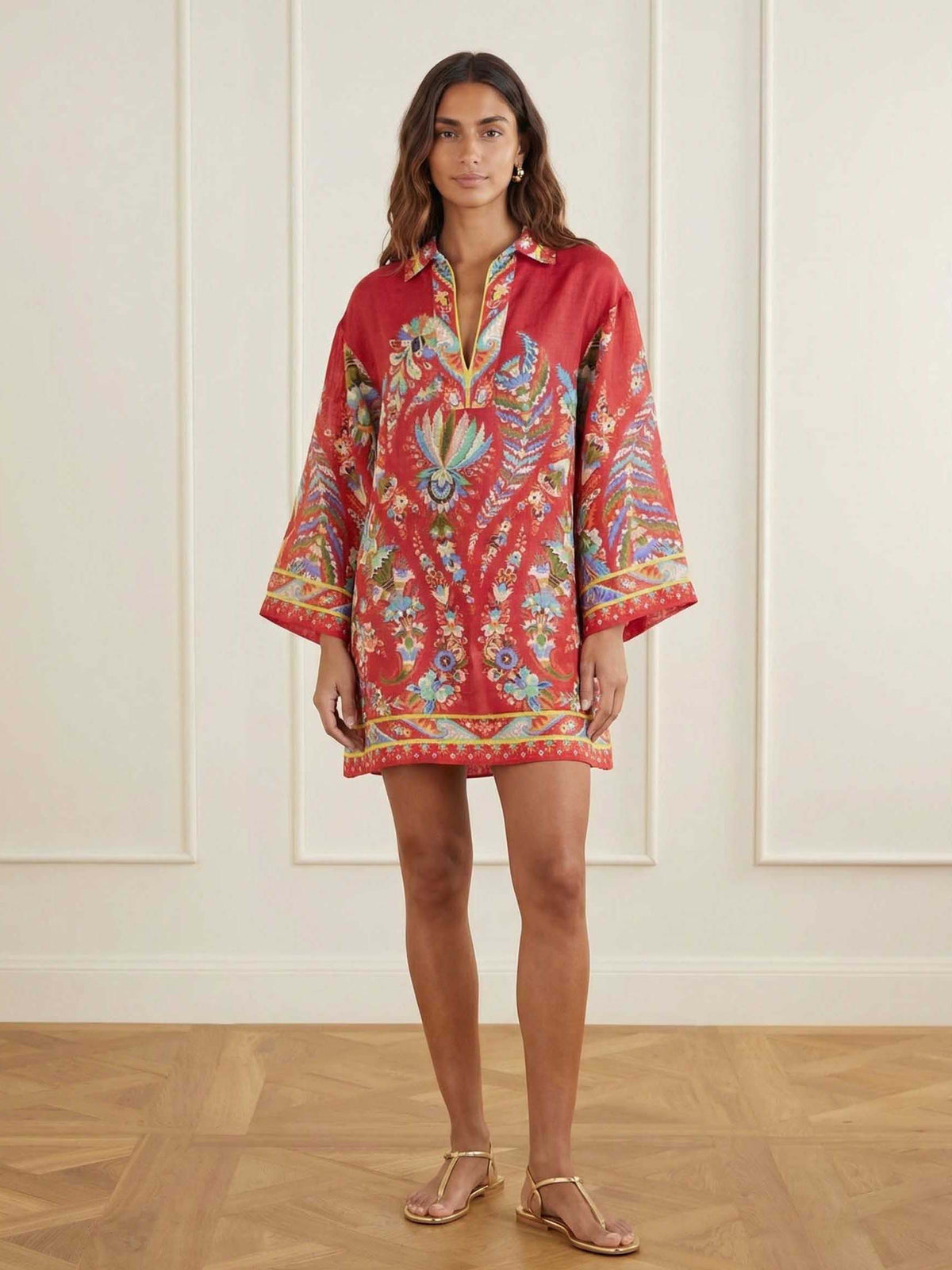 Exquisite Paisley Print V-Neck Kaftan Mini Dress