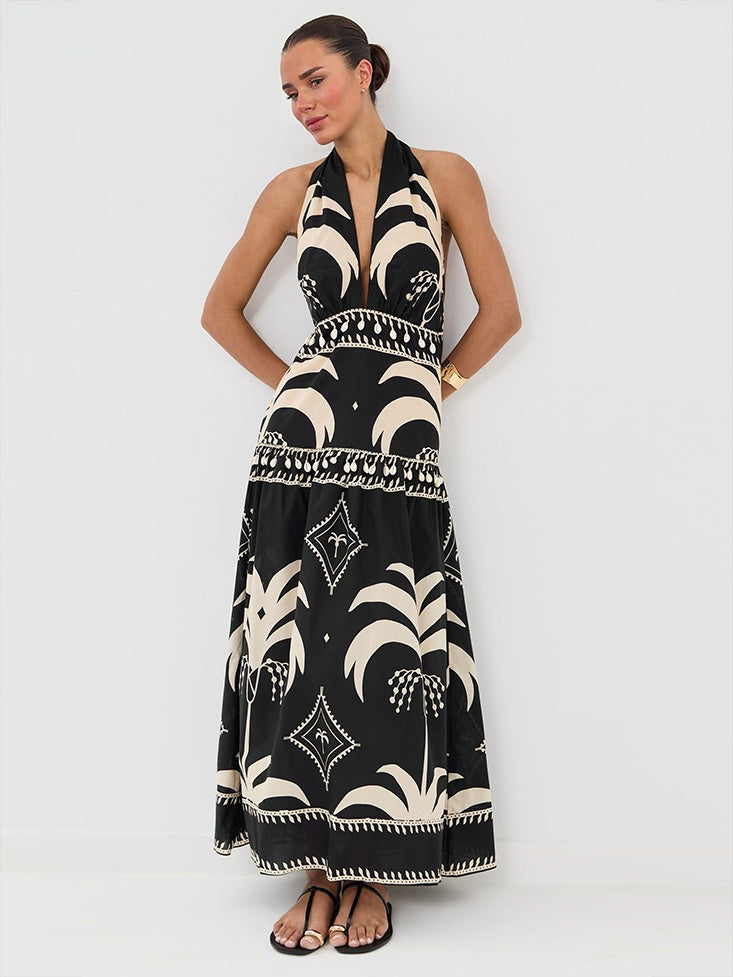 Retro Palm Leaf Print Halter Neck Maxi Dress