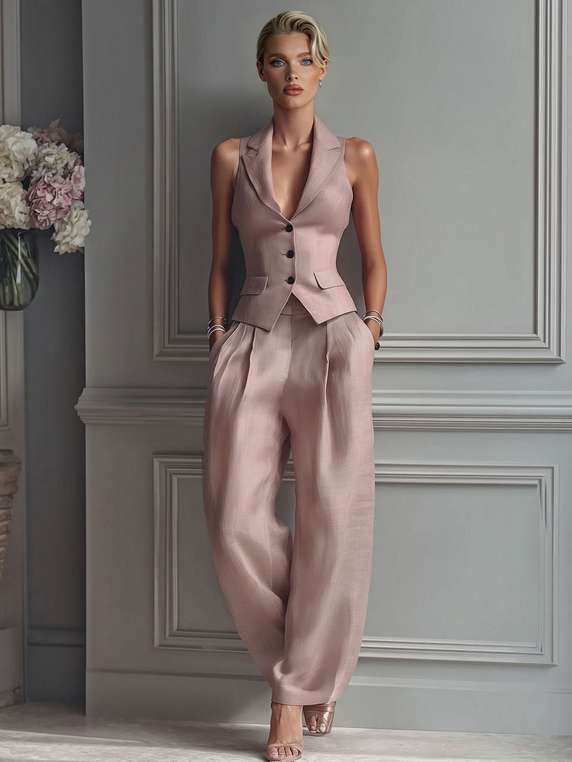 Completo minimalista composto da gilet senza maniche e pantaloni a gamba larga