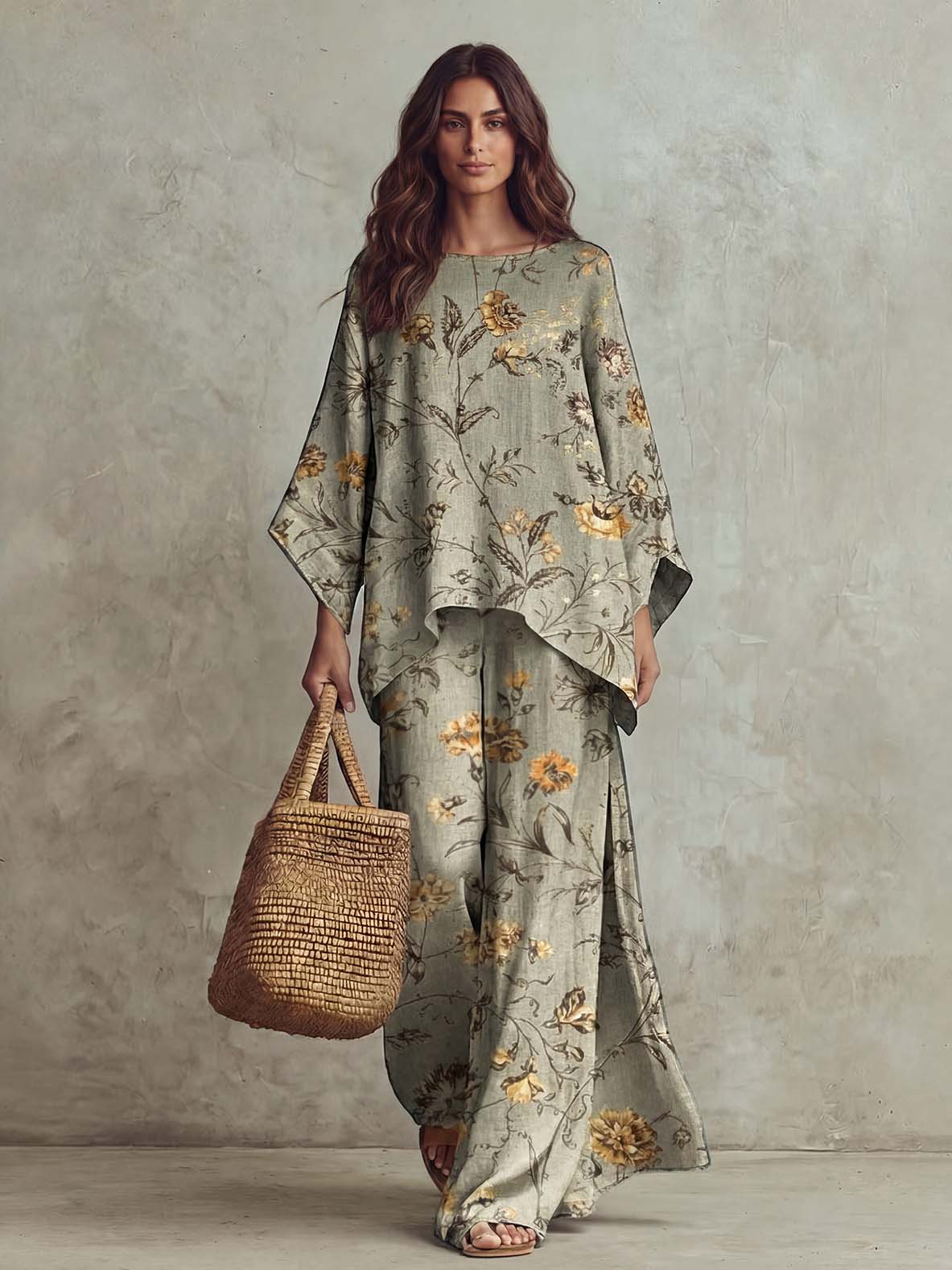 Completo retrò a due pezzi con top ampio a fiori e pantaloni a gamba larga