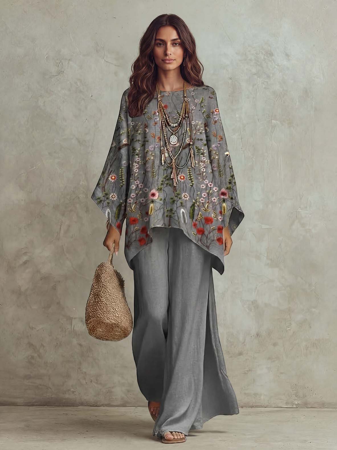 Completo a due pezzi con stampa retrò bohémien, camicia con maniche a pipistrello e pantaloni