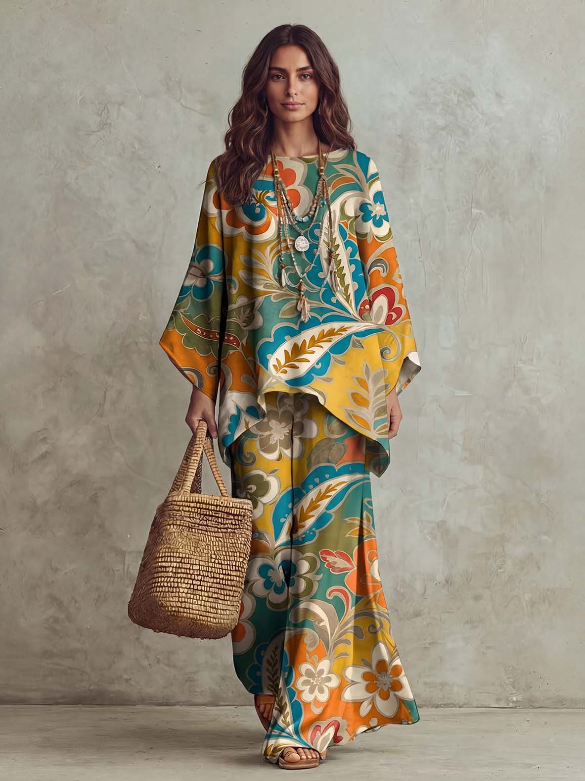 Elegante completo fluido con stampa cachemire in stile etnico rétro e maniche a pipistrello