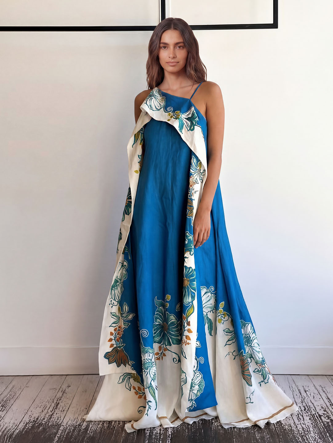 Elegant Tropical Print Asymmetrical Strappy Maxi Dress