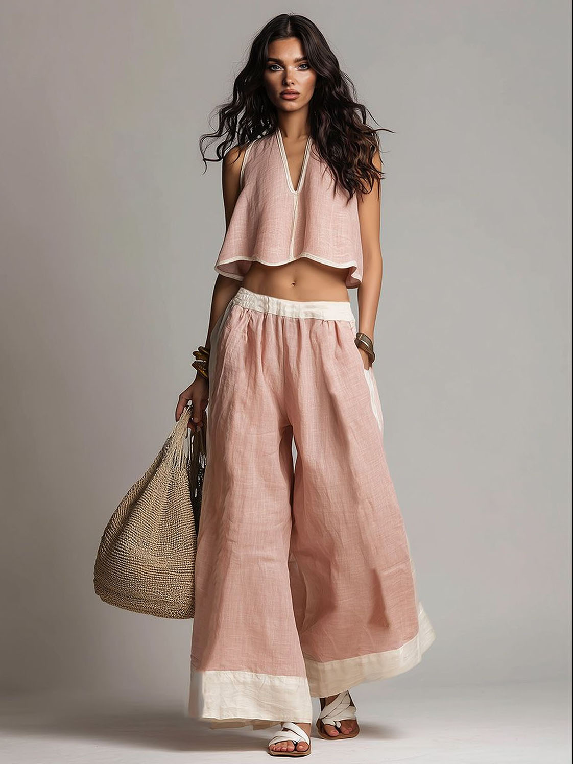 Completo casual a due pezzi con top corto senza maniche e pantaloni a gamba larga