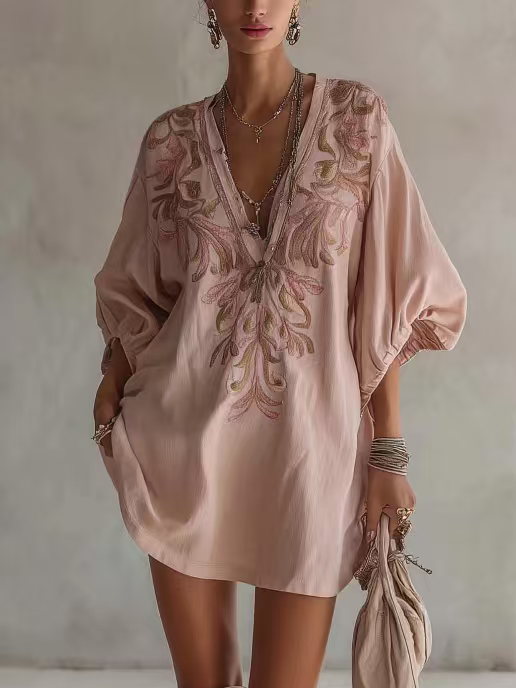 Exquisites besticktes Minikleid mit V-Ausschnitt