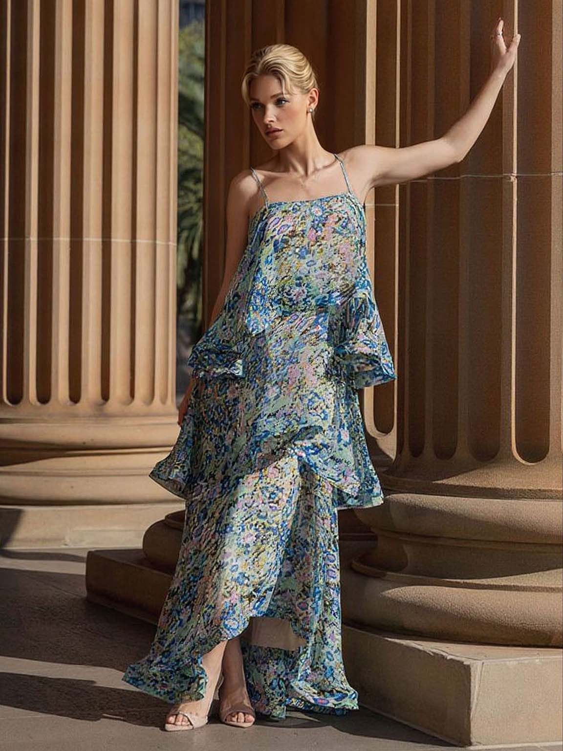 Robe longue élégante à imprimé floral éclatant et volants étagés