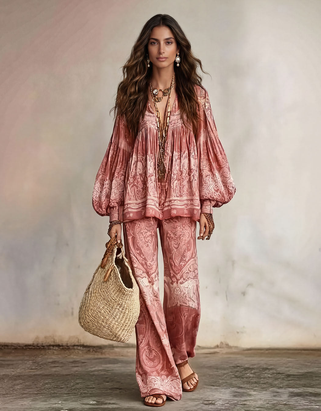 Completo boho a due pezzi con blusa a maniche a palloncino e pantaloni con stampa cachemire