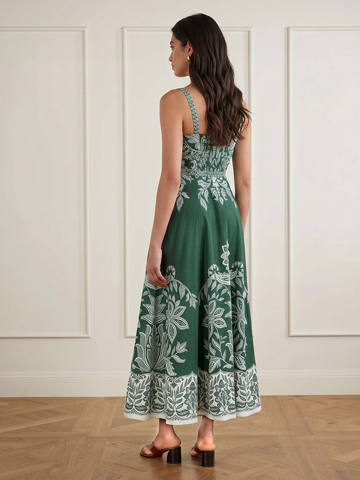 Elegantes Maxikleid mit Print, Schnallenträgern und Taillengürtel