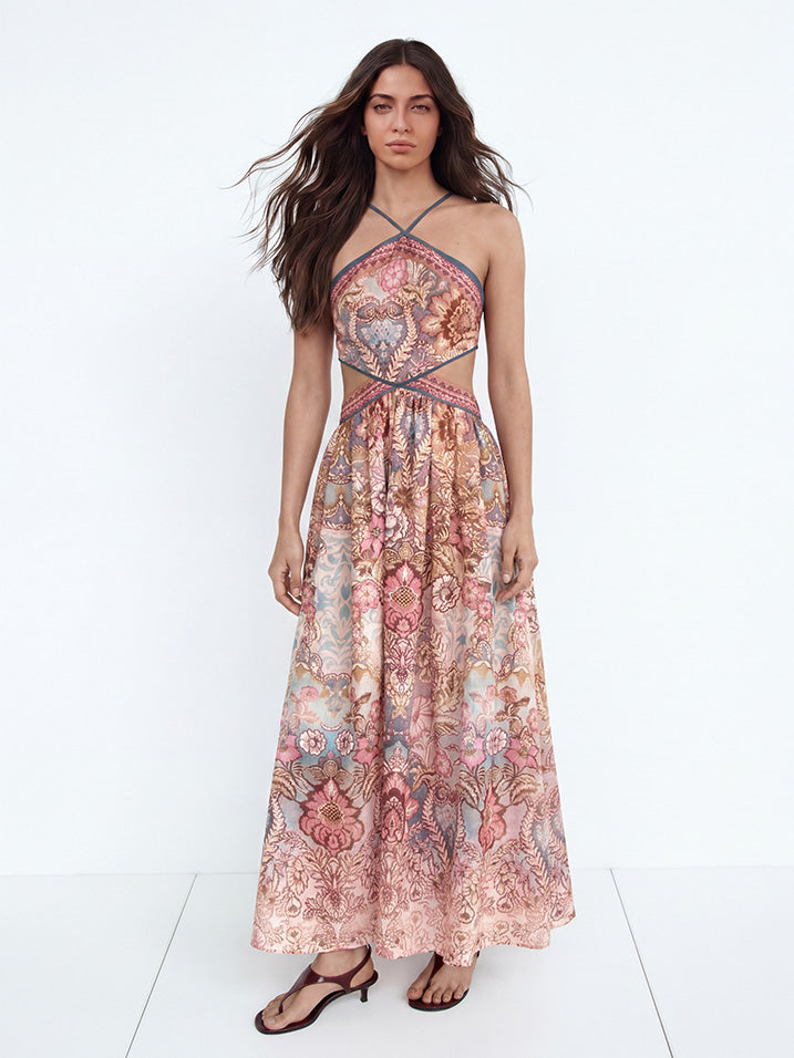 Bohemian-Maxikleid mit Print, rückenfrei und Spaghettiträgern