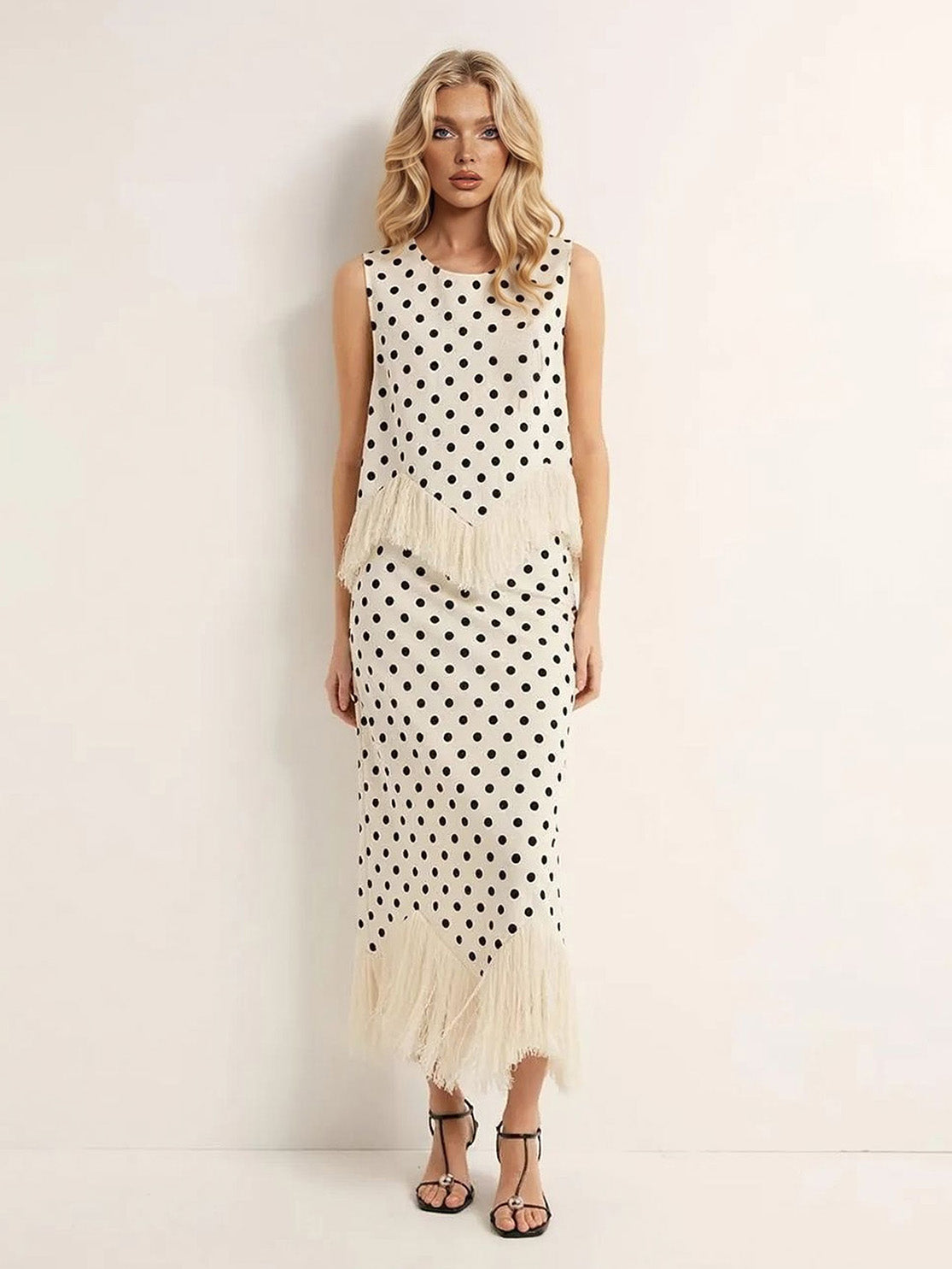 Elegant Polka Dot Fringed Asymmetrical Skirt Two-Piece Set