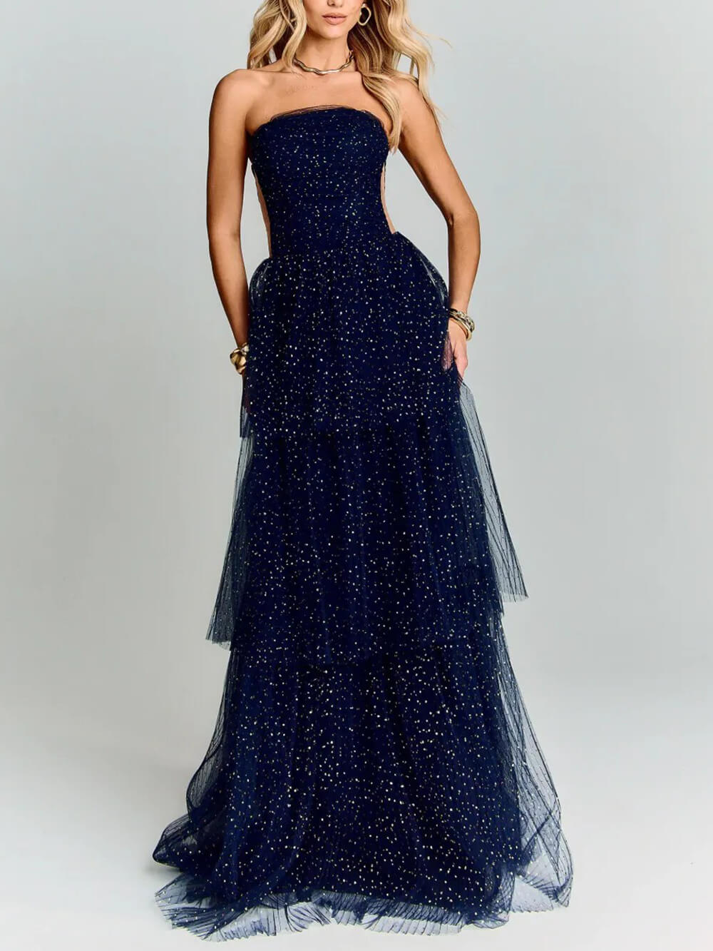 Elegante maxiabito da festa in tulle a strati blu navy a pois
