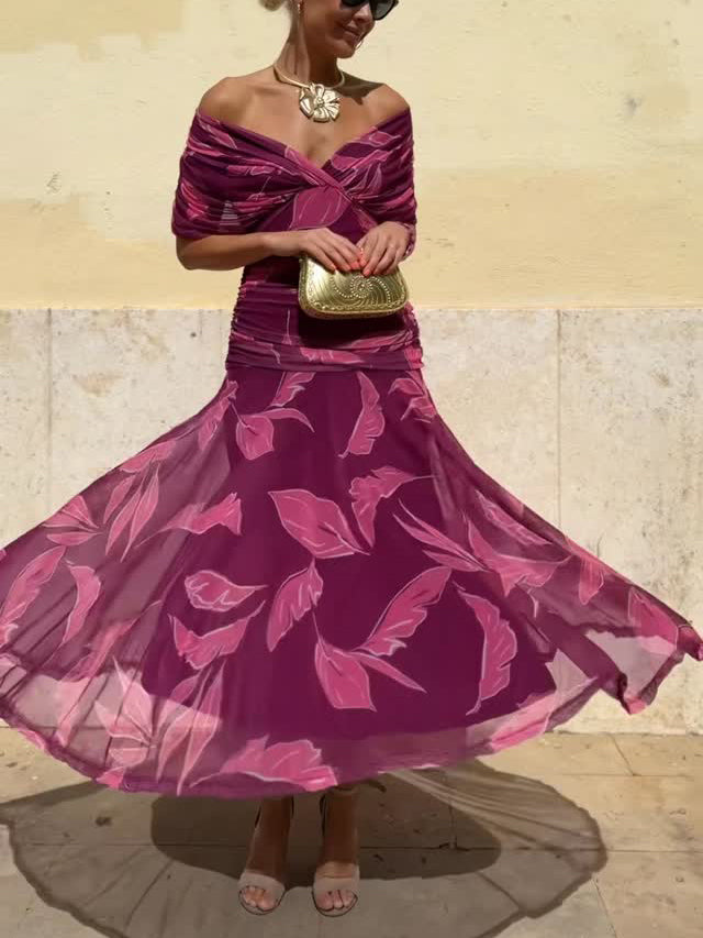 Elegant Off-Shoulder Ruched Leaf Print Maxi Dress